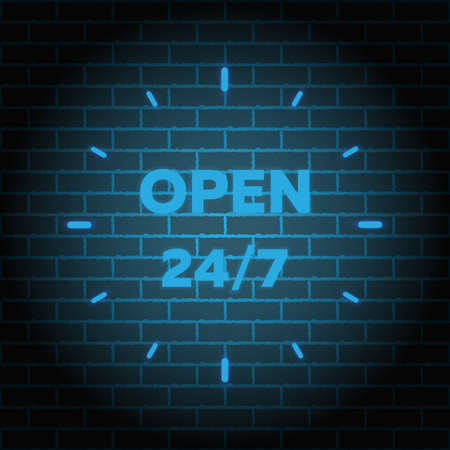 24 7 Service open 24h hours a day and 7 days a week. Flat isolated vector illustration in black on a...