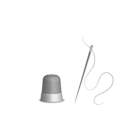 Thimble for sewing and a needle and thread, sketch illustration of accessories for sewing. Flat isolated vector illustration, on a white background.のイラスト素材