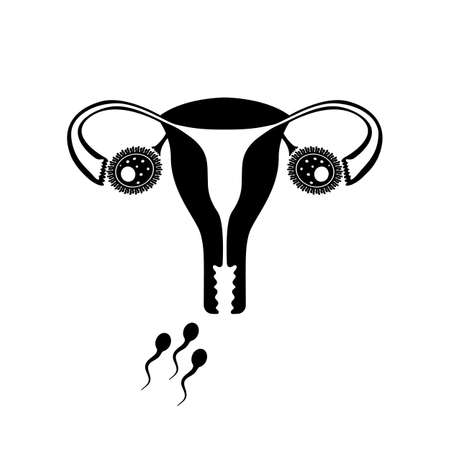 Fertilisation and ovulation concept. Medical and healthcare background with moving spermatozoon and female egg. Vector illustration female genitalsのイラスト素材