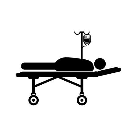 A man lies in a hospital bed with a connected dropper icon. Vector illustration of medication treatment.のイラスト素材