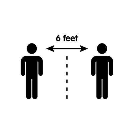 Safe distance between people. Recommended social distance 6 feet. Information banner, board or placard with arrows. Safe distance from the virus.のイラスト素材