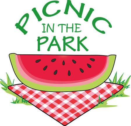 A campers dining room is a picnic table at a park.  Take this great slice of watermelon with you on your next family camp out.  Everyone will love it!のイラスト素材