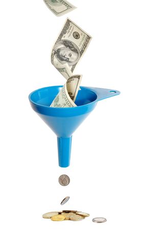 Funnel and currency isolated over a white backgroundの写真素材