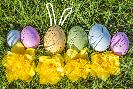 Group of colorful eggs on grass with flowersの写真素材