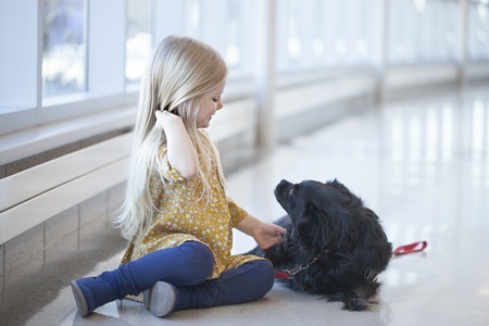 Happy little girl sitting on floor and playing with black dogの写真素材