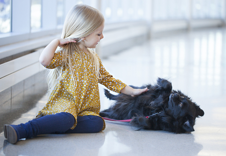 Portrait of little girl enjoying playing with black dogの写真素材
