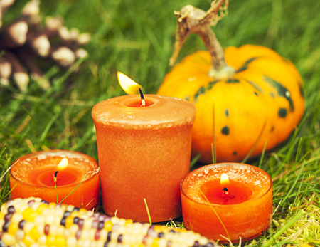 CLose-up of candles and pumpkin on grassの写真素材