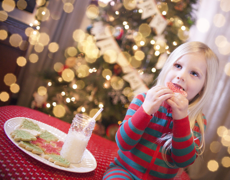 Cheerful girl in pajama eating cookies. Christmas timeの写真素材