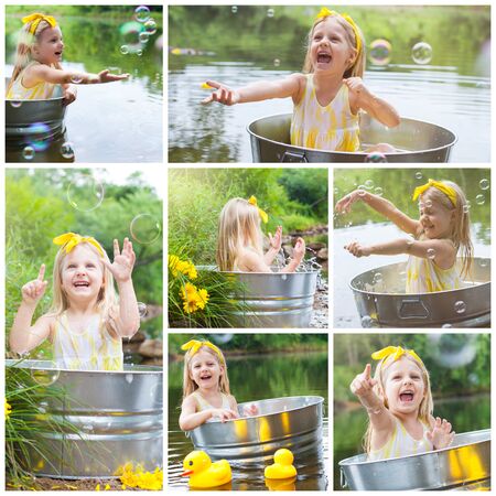 Happy little girl sitting in tub playing with bubbles and bath ducks at river in summer. Summer vacation, happy childhood collageの写真素材