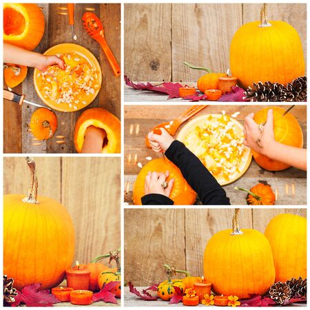 Hands of children carving pumpkins. Halloween collage. Holiday composition of pumpkins, fir cones, maple leaves and candles against wooden planksの写真素材
