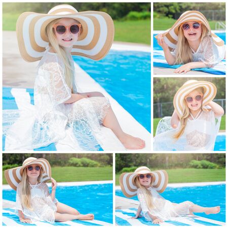 Smiling little girl at swimming pool. Collage portrait. Kid wearing sunhat, sunglasses and white tunica in summerの写真素材