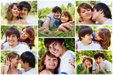 Collage of happy young couple. Man and woman hugging, kissing, lying together on grass. Husband and wife resting outdoorsの写真素材