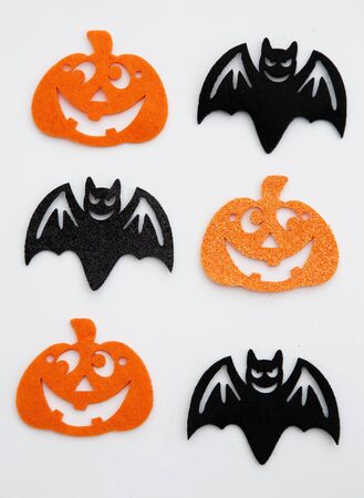 Halloween pumpkins and bats isolated on white backgroundの写真素材