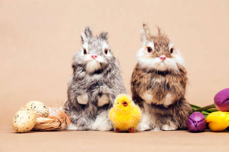 Bunny toy with Easter eggs and tulipsの写真素材
