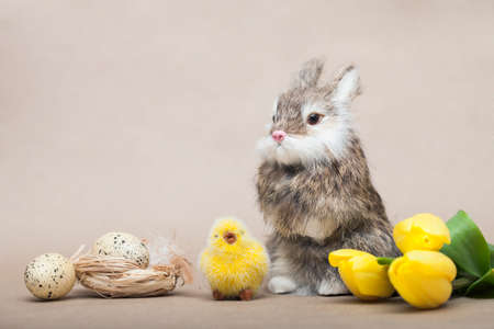 Bunny toy with Easter eggs and tulipsの写真素材