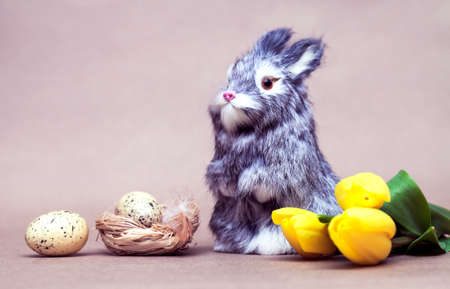 Bunny toy with Easter eggs and tulipsの写真素材