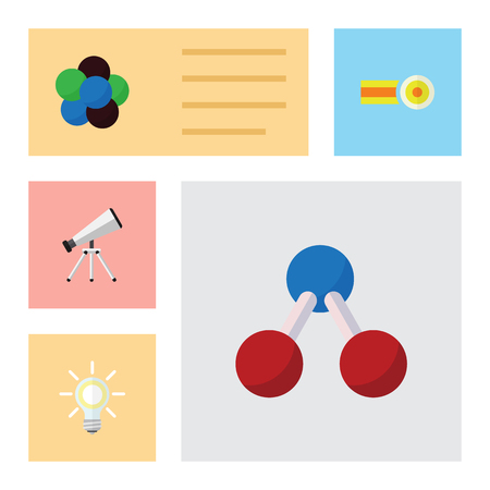 Flat Knowledge; Study Set Of Chemical, Proton, Scope And Other Vector Objects. Also Includes Glass, Oxygen, Bulb Elements.のイラスト素材