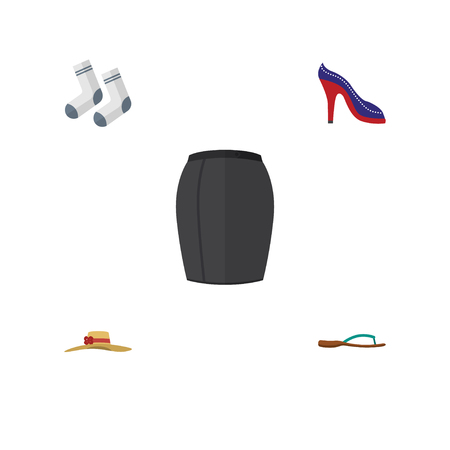 Flat Clothes Set Of Beach Sandal, Heeled Shoe, Foot Textile Vector Objects. Also Includes Heeled, Headgear, Flop Elements.のイラスト素材