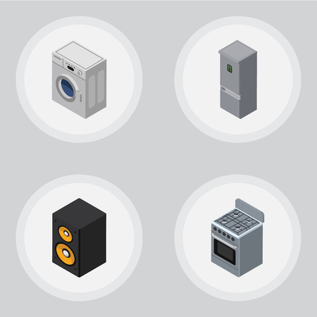 Isometric Electronics Set Of Music Box, Kitchen Fridge, Stove And Other Vector Objects.のイラスト素材