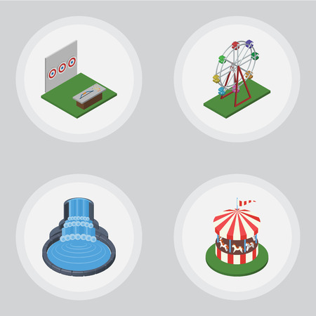 Isometric Street Set Of Recreation, Carousel, Garden Decor And Other Objects. Also Includes Horses, Attraction, Wheel Elements.のイラスト素材