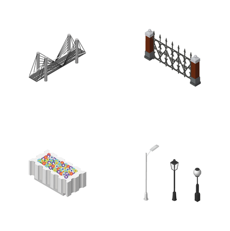 Isometric City Set Of Fence, Flower Decoration, Bridge And Other Vector Objects. Also Includes Bridge, Flower, Plants Elements.の写真素材