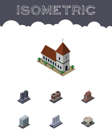 Isometric Urban Set Of Tower, Office, House And Other Vector Objects. Also Includes Storage, Warehouse, Factory Elements.のイラスト素材