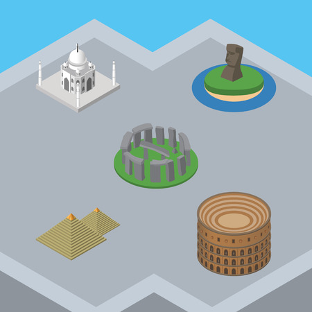 Isometric Travel Set Of Egypt, Chile, India Mosque And Other Vector Objects. Also Includes England, MoAI, Monument Elements.のイラスト素材