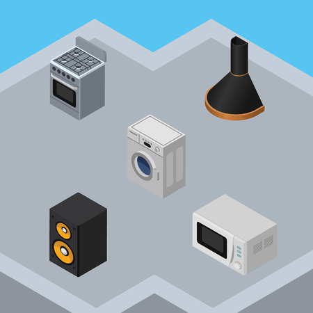 Isometric Device Set Of Air Extractor, Music Box, Microwave And Other Vector Objects. Also Includes Microwave, Machine, Box Elements.のイラスト素材