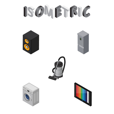 Isometric Electronics Set Of Vac, Television, Kitchen Fridge And Other Vector Objects. Also Includes Fridge, Tv, Television Elements.のイラスト素材