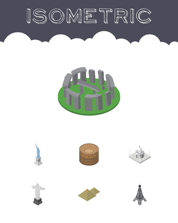 Isometric Travel Set Of Rio, India Mosque, England Vector Objects. Also Includes Monument, Liberty, Mahal Elements.のイラスト素材