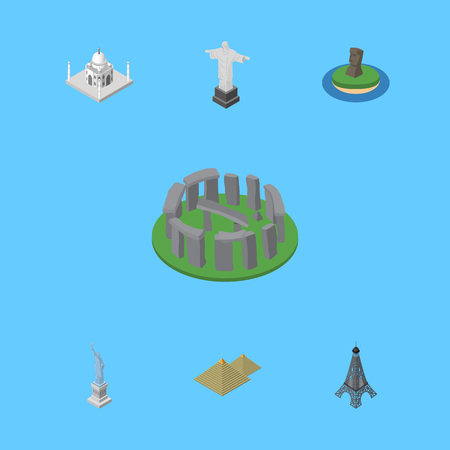 Isometric Architecture Set Of Chile, Paris, India Mosque And Other Vector Objects. Also Includes Mosque, Pyramids, Paris Elements.のイラスト素材