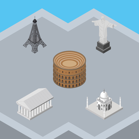 Isometric Travel Set Of Athens, Rio, India Mosque And Other Vector Objects. Also Includes Rome, Taj, Acropolis Elements.のイラスト素材