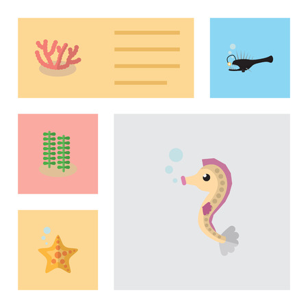 Flat Icon Marine Set Of Hippocampus, Fish, Sea Star And Other Vector Objects. Also Includes Spirulina, Algae, Coral Elements.のイラスト素材