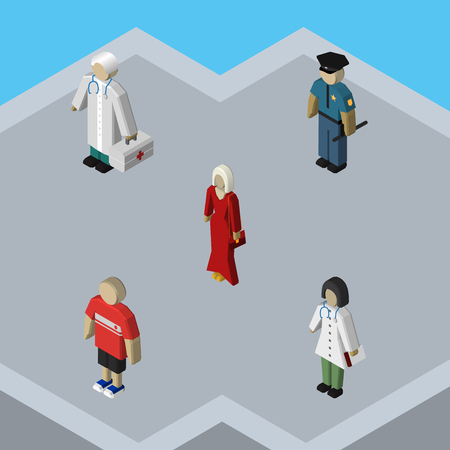 Isometric Human Set Of Doctor, Medic, Officer And Other Vector Objects. Also Includes Female, Nurse, Woman Elements.のイラスト素材
