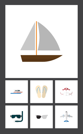 Flat Icon Summer Set Of Boat, Beach Sandals , Recliner Vector Objects. Also Includes Plane, Eyeglasses, Table Elements.のイラスト素材