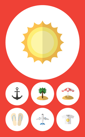Flat Icon Summer Set Of Beach Sandals , Parasol, Coconut Vector Objects. Also Includes Plane, Sunrise, Coconut Elements.のイラスト素材