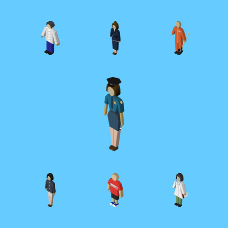 Isometric People Set Of Girl, Guy, Businesswoman And Other Vector Objects. Also Includes Nurse, Businesswoman, Builder Elements.のイラスト素材