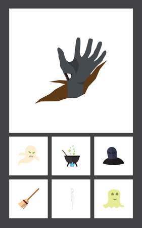 Flat Icon Halloween Set Of Broom, Ghost, Zombie And Other Vector Objects. Also Includes Zombie, Skeleton, Corpse Elements.のイラスト素材