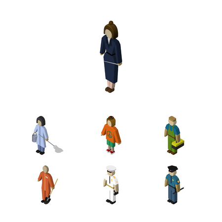 Isometric Human Set Of Officer, Housemaid, Plumber And Other Vector Objects. Also Includes Sailor, Worker, Lady Elements.のイラスト素材