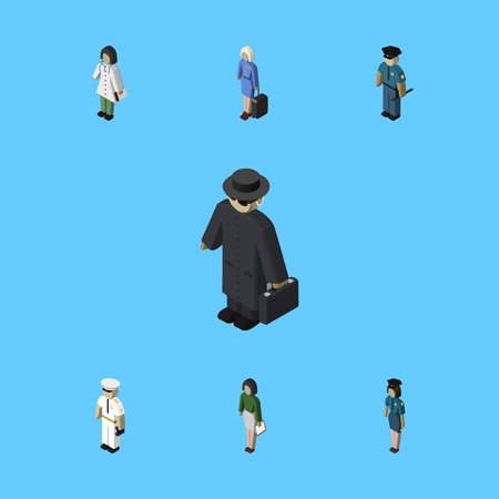 Isometric Person Set Of Officer, Pedagogue, Detective And Other Vector Objects. Also Includes Policewoman, Officer, Mariner Elements.のイラスト素材