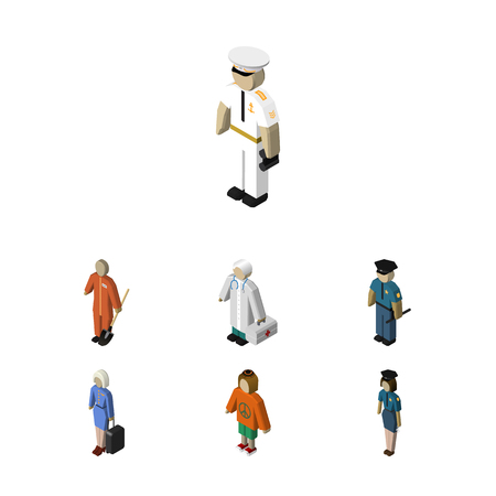Isometric People Set Of Hostess, Seaman, Lady And Other Vector Objects. Also Includes Lady, Hospital, Female Elements.のイラスト素材