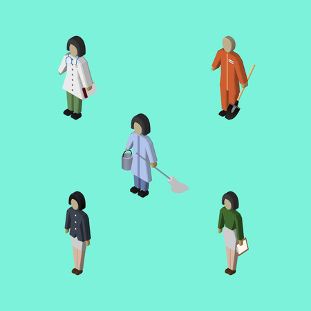 Isometric Person Set Of Cleaner, Pedagogue, Doctor And Other Vector Objectsのイラスト素材