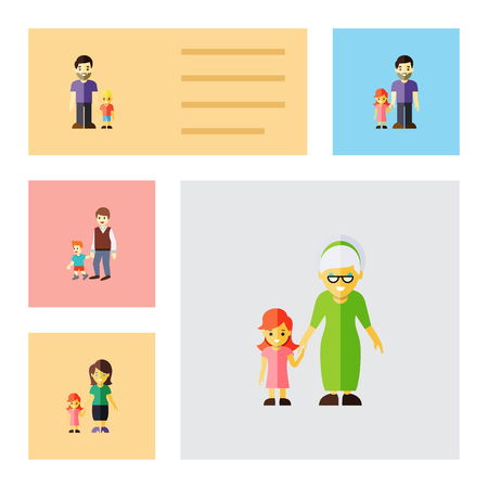 Flat Icon Family Set Of Daugther, Father, Grandchild Vector Objects. Also Includes Father, Grandchild, Brother Elements.のイラスト素材
