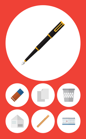 Flat Icon Tool Set Of Nib Pen, Trashcan, Rubber And Other Vector Objects. Also Includes Rubber, Straightedge, Date Elements.のイラスト素材