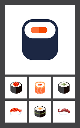Flat Icon Salmon Set Of Japanese Food, Sashimi, Salmon Rolls And Other Vector Objects. Also Includes Gourmet, Salmon, Japanese Elements.のイラスト素材