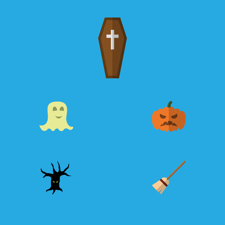 Flat Icon Celebrate Set Of Spirit, Pumpkin, Terrible Halloween And Other Vector Objects. Also Includes Specter, Broom, Casket Elements.のイラスト素材