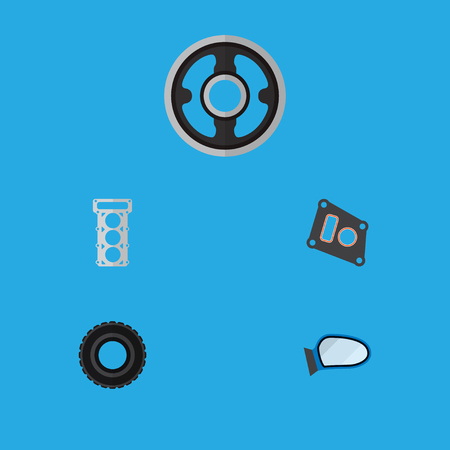 Icon flat component set of tire, mirror wing, pulley and other vector objects. Also includes car, packing, gasket elements.のイラスト素材