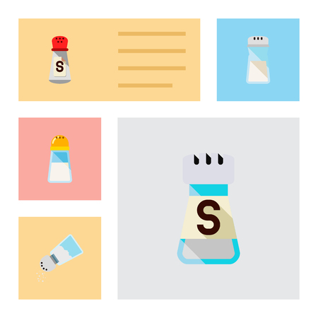Icon flat salt set of shaker, spicy, condiment and other  objects. Also includes salt, shaker, spicy elements.の写真素材
