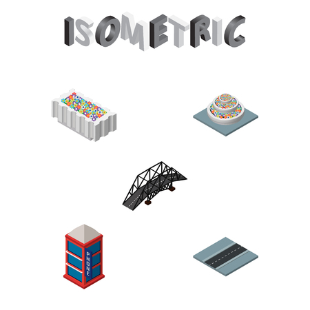 Isometric city set of plants, telephone booth, flower decoration and other vector objects. Also includes plants, decoration, bridge elements.のイラスト素材