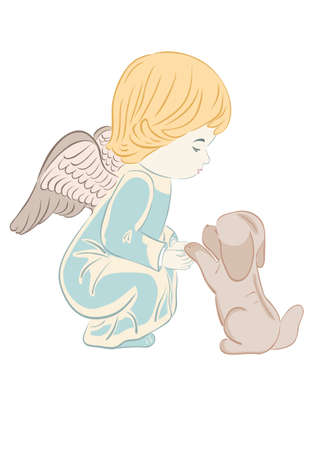 illustration of cute angel and puppy on white background のイラスト素材